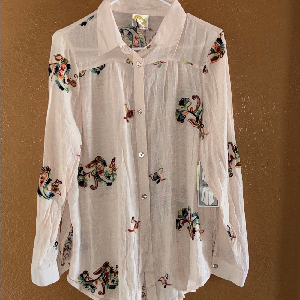 Light Pink Floral Embroidered Button-Up Blouse